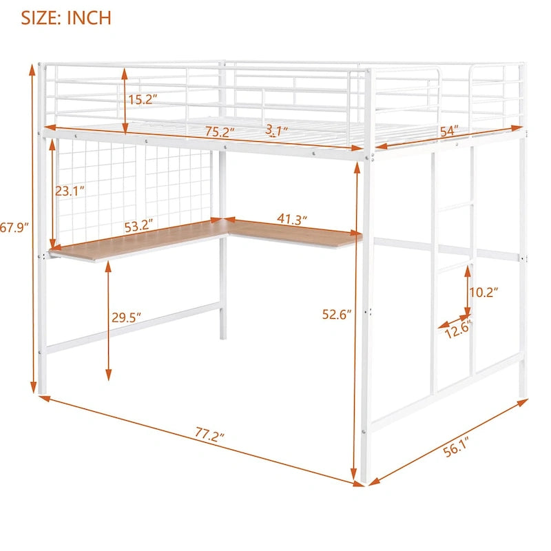 Lit mezzanine en métal avec bureau et grille métallique