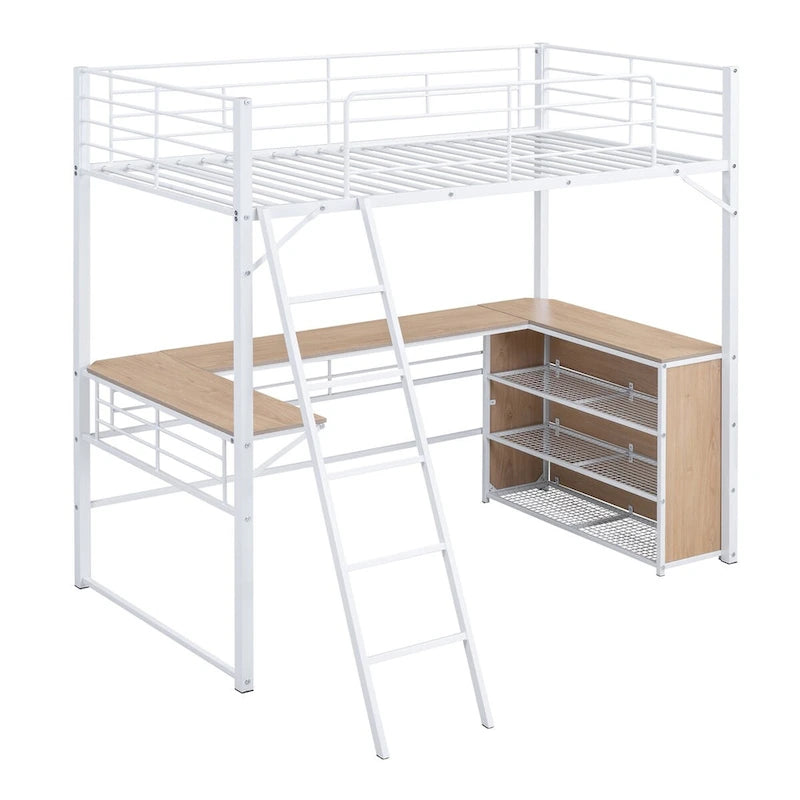 White Metal Loft Bed with L-shaped Desk and 3 Layers of Shelves, Reversible Ladder