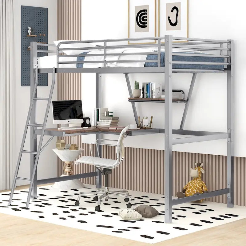 Lit mezzanine en métal avec bureau intégré, étagère et garde-corps pleine longueur
