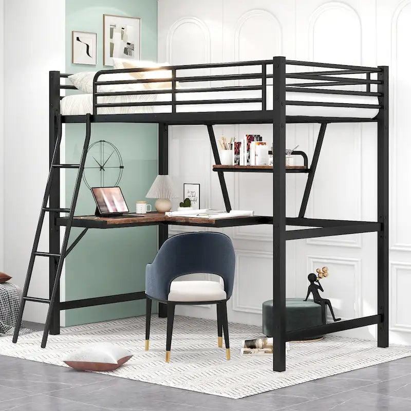Lit mezzanine en métal avec bureau intégré, étagère et garde-corps pleine longueur