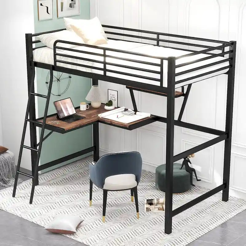 Lit mezzanine en métal avec bureau intégré, étagère et garde-corps pleine longueur