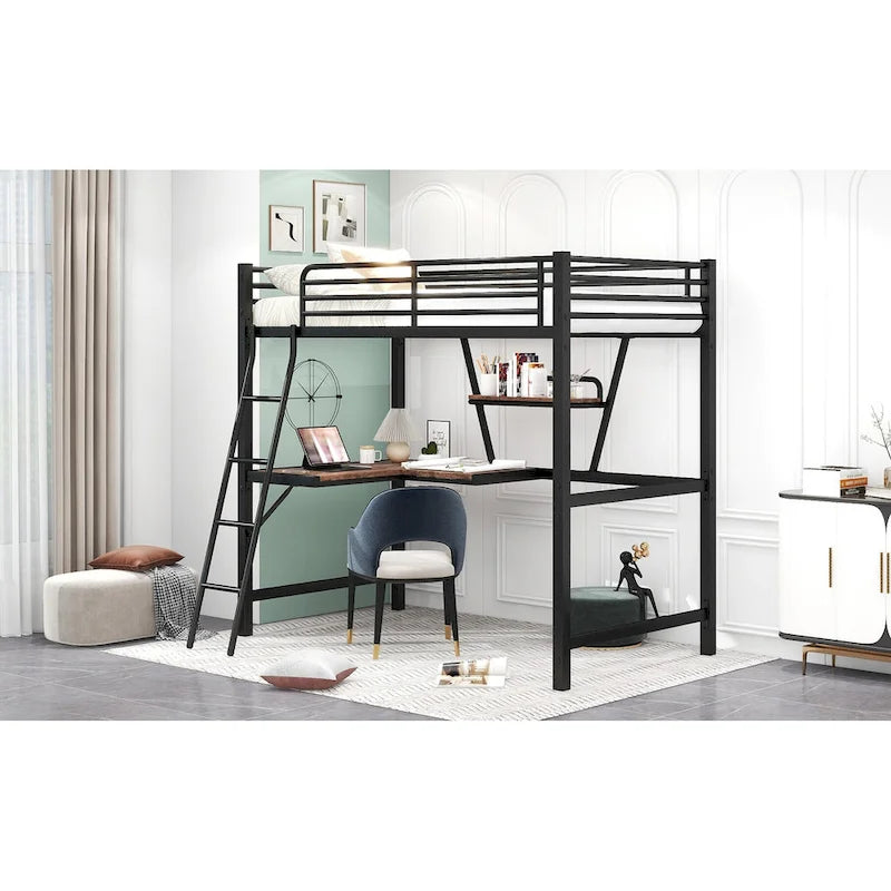 Lit mezzanine en métal avec bureau intégré, étagère et garde-corps pleine longueur