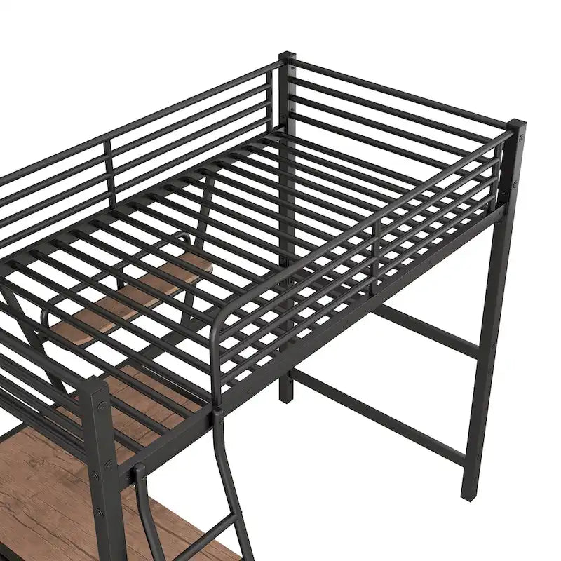 Lit mezzanine en métal avec bureau intégré, étagère et garde-corps pleine longueur