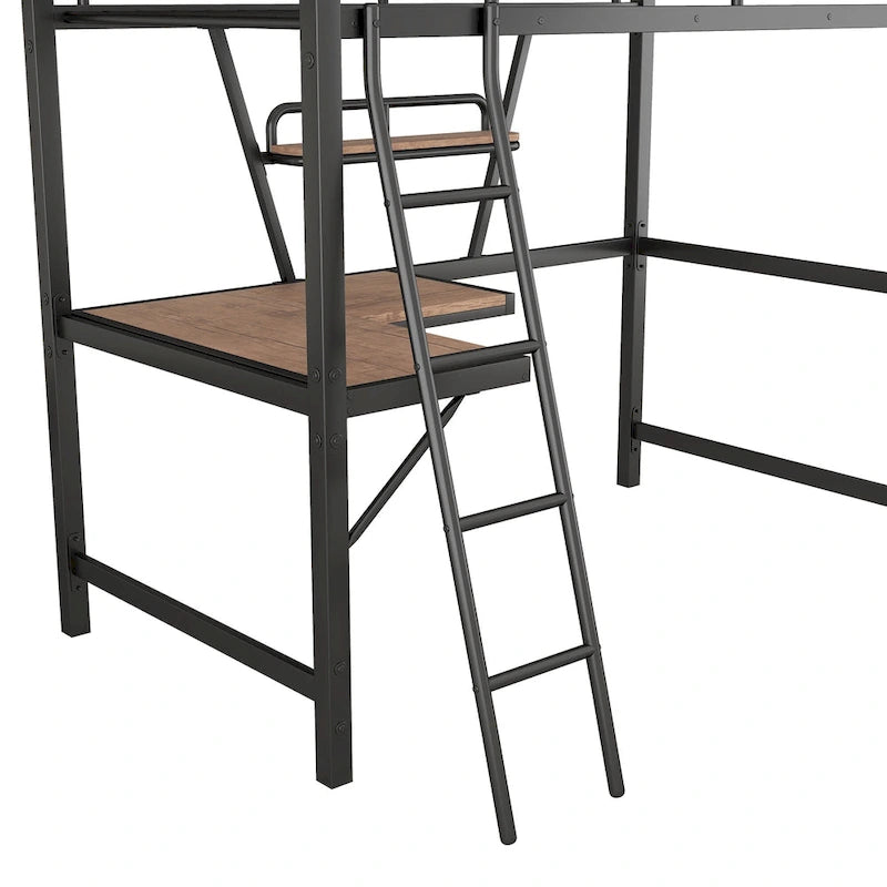 Lit mezzanine en métal avec bureau intégré, étagère et garde-corps pleine longueur