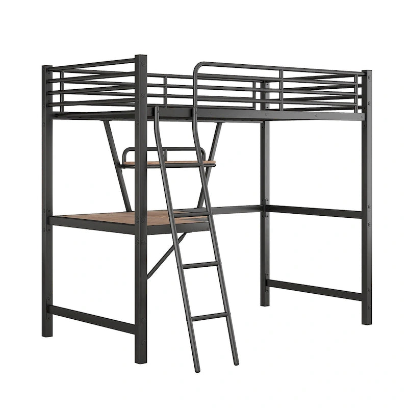 Lit mezzanine en métal avec bureau intégré, étagère et garde-corps pleine longueur