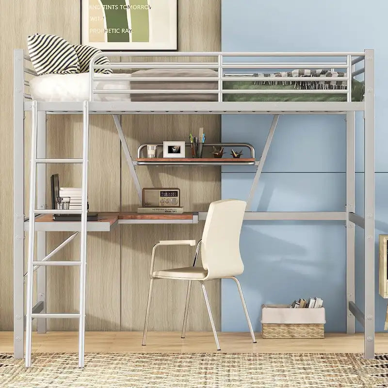 Lit mezzanine en métal avec bureau intégré, étagère et garde-corps pleine longueur