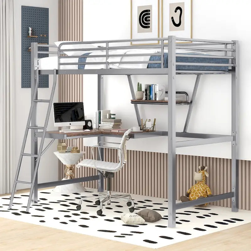 Lit mezzanine en métal avec bureau intégré, étagère et garde-corps pleine longueur
