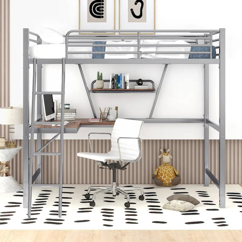 Lit mezzanine en métal avec bureau intégré, étagère et garde-corps pleine longueur