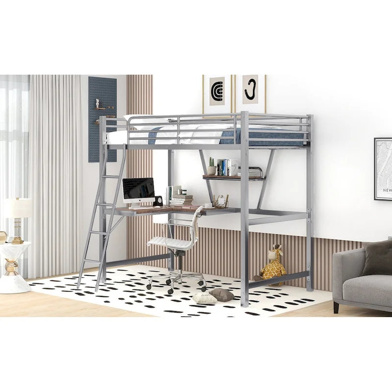 Lit mezzanine en métal avec bureau intégré, étagère et garde-corps pleine longueur