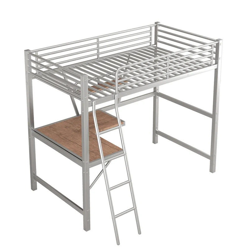 Lit mezzanine en métal avec bureau intégré, étagère et garde-corps pleine longueur