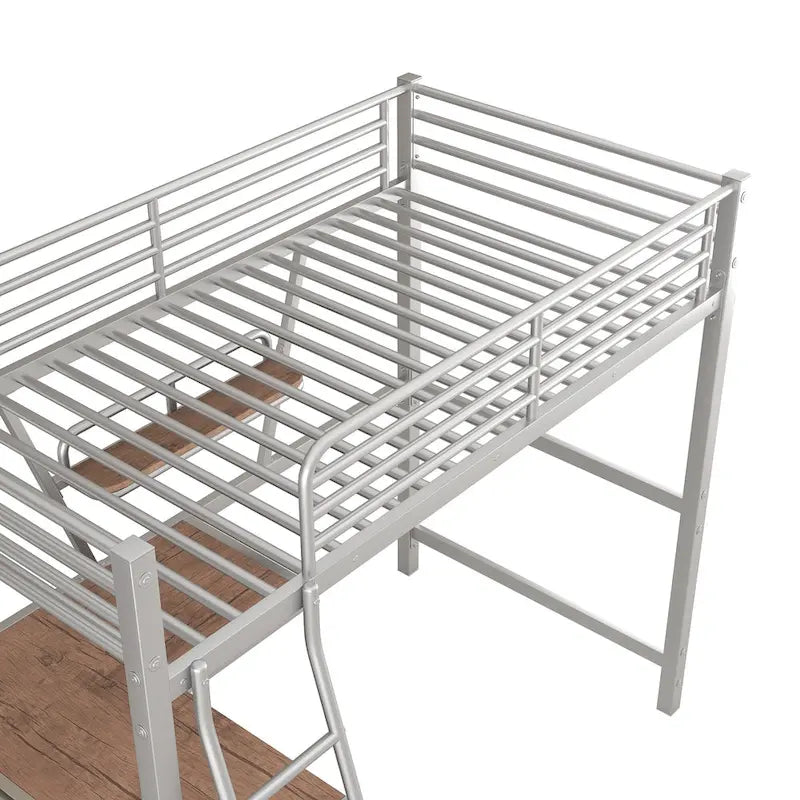 Lit mezzanine en métal avec bureau intégré, étagère et garde-corps pleine longueur