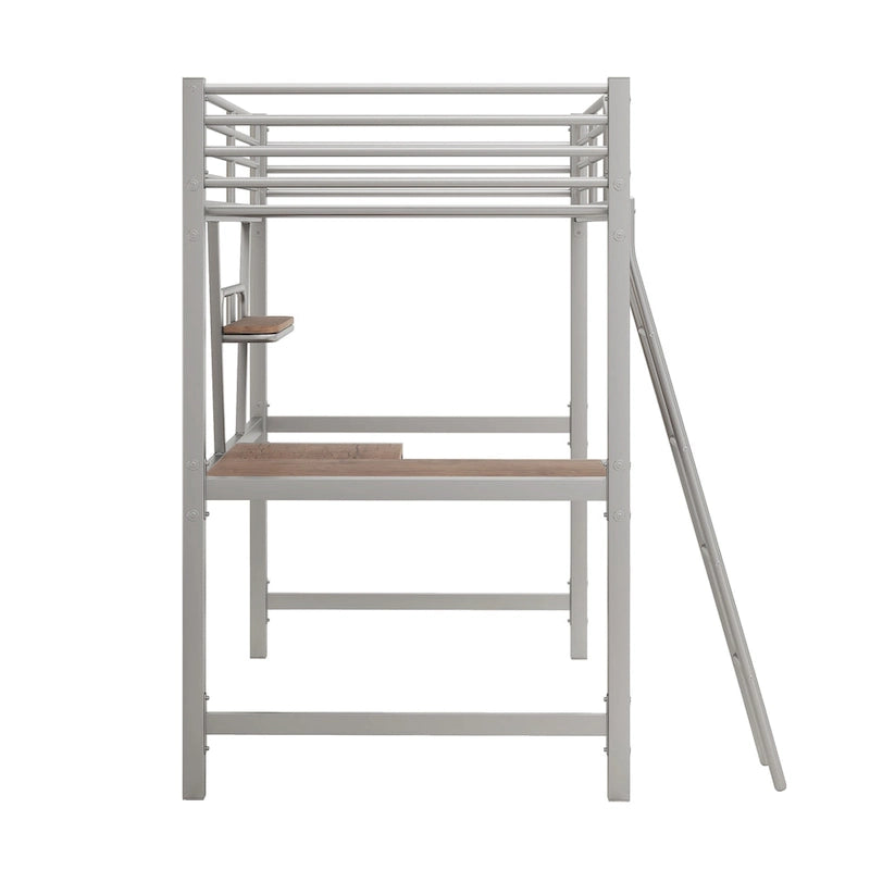 Lit mezzanine en métal avec bureau intégré, étagère et garde-corps pleine longueur