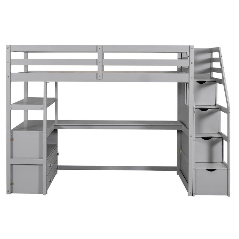 Gray Pine Loft Bed with Desk, Shelves, Storage Drawers, Storage Staircase