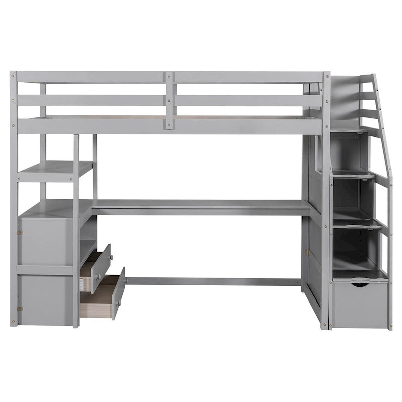 Lit mezzanine en pin gris avec bureau, étagères, tiroirs de rangement, escalier de rangement