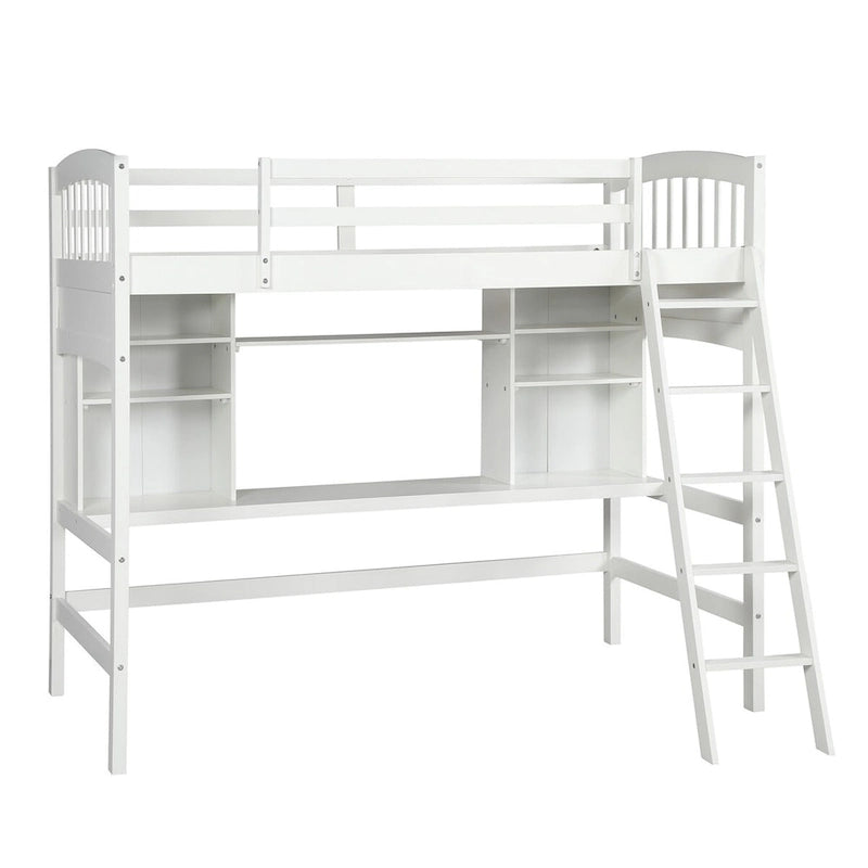 Lit mezzanine double en bois massif blanc avec bureau