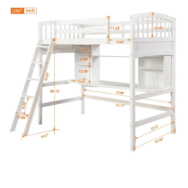 Lit mezzanine double en bois massif blanc avec bureau
