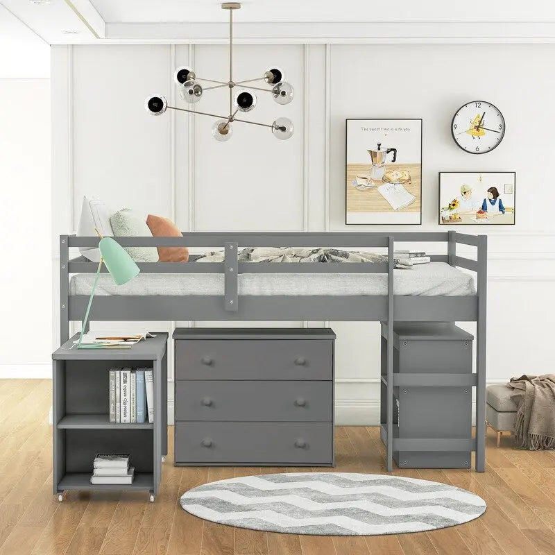 Lit surélevé simple avec armoire et bureau portable à roulettes