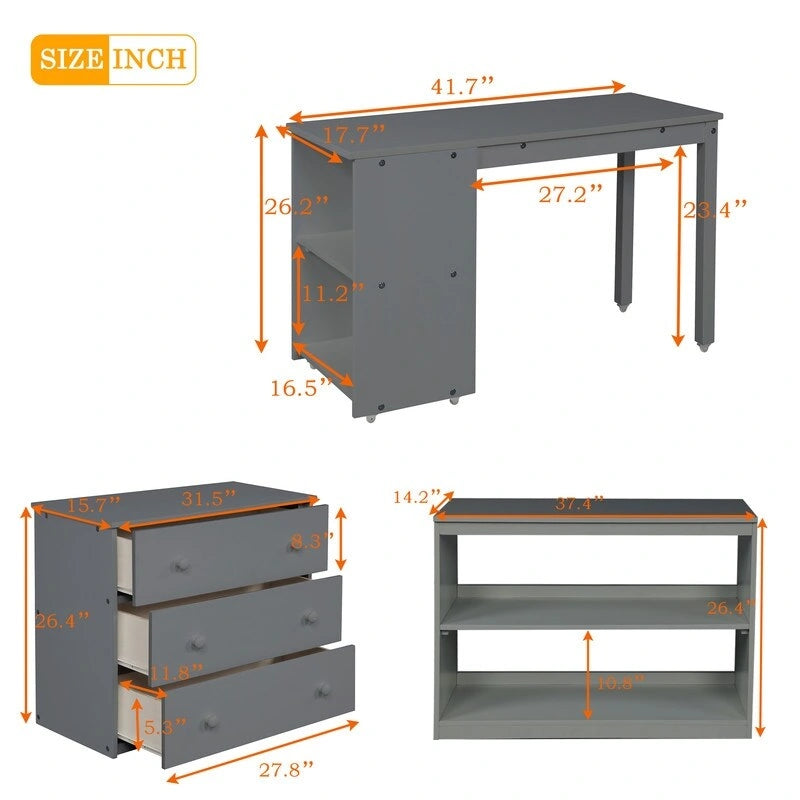 Lit surélevé simple avec armoire et bureau portable à roulettes