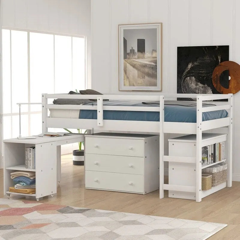 Lit surélevé simple avec armoire et bureau portable à roulettes