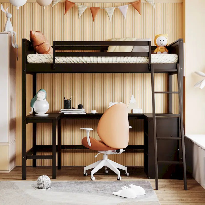 Lit mezzanine double en bois avec bureau et étagères
