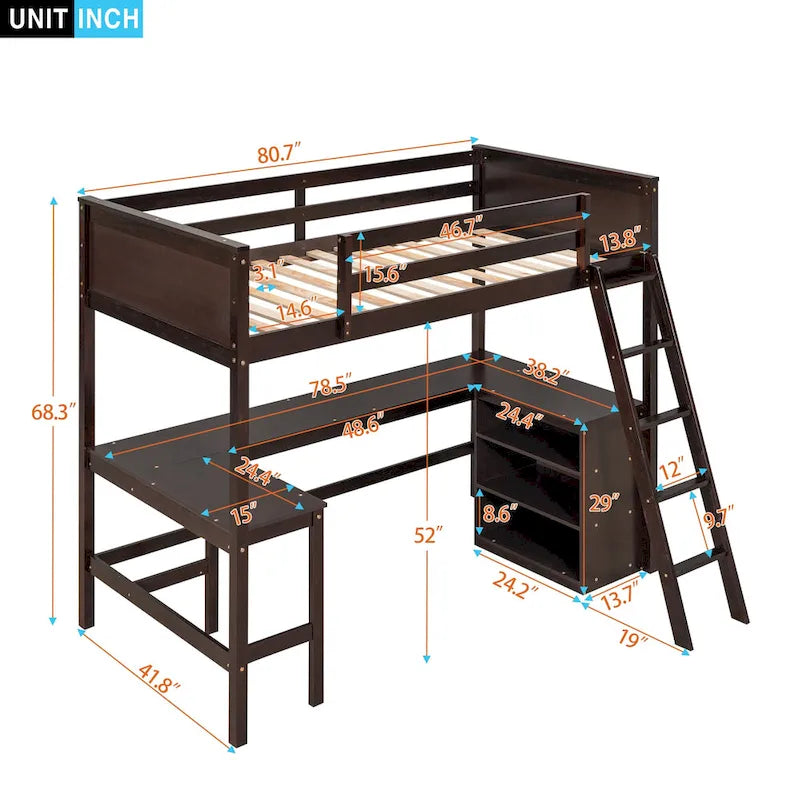 Lit mezzanine double en bois avec bureau et étagères