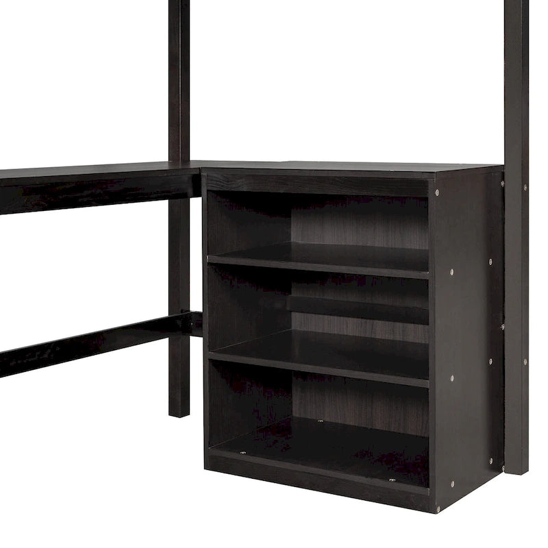 Lit mezzanine double en bois avec bureau et étagères