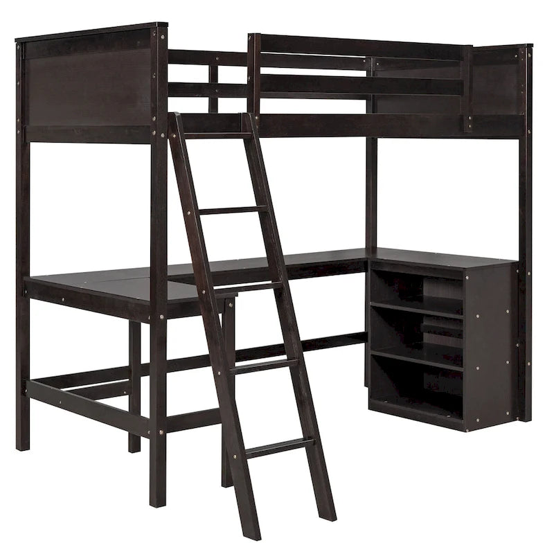 Lit mezzanine double en bois avec bureau et étagères