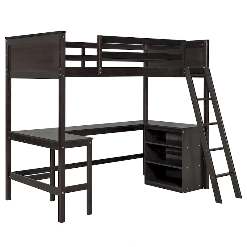 Lit mezzanine double en bois avec bureau et étagères