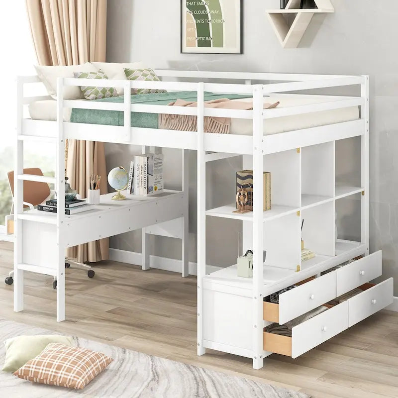 Lit mezzanine en pin avec bureau intégré, tiroirs, étagères et armoires de rangement