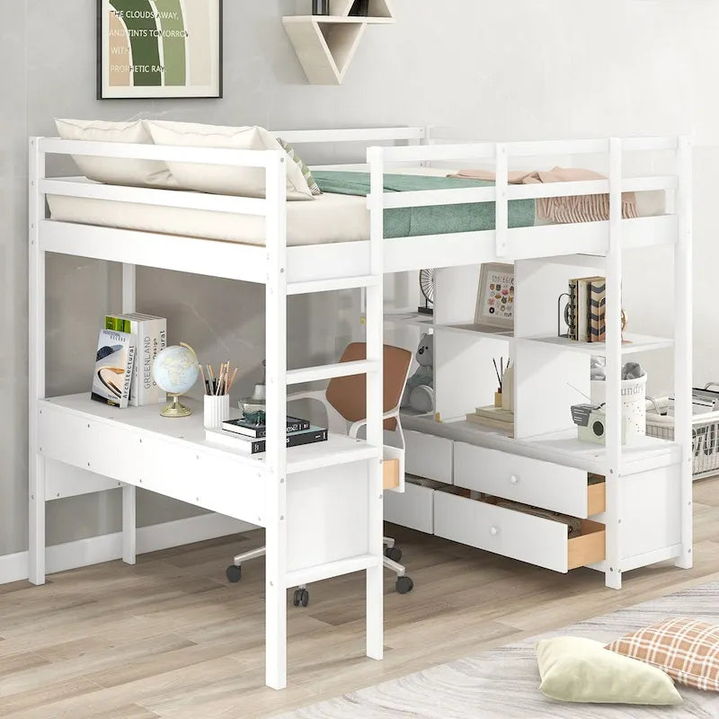 Lit mezzanine en pin avec bureau intégré, tiroirs, étagères et armoires de rangement