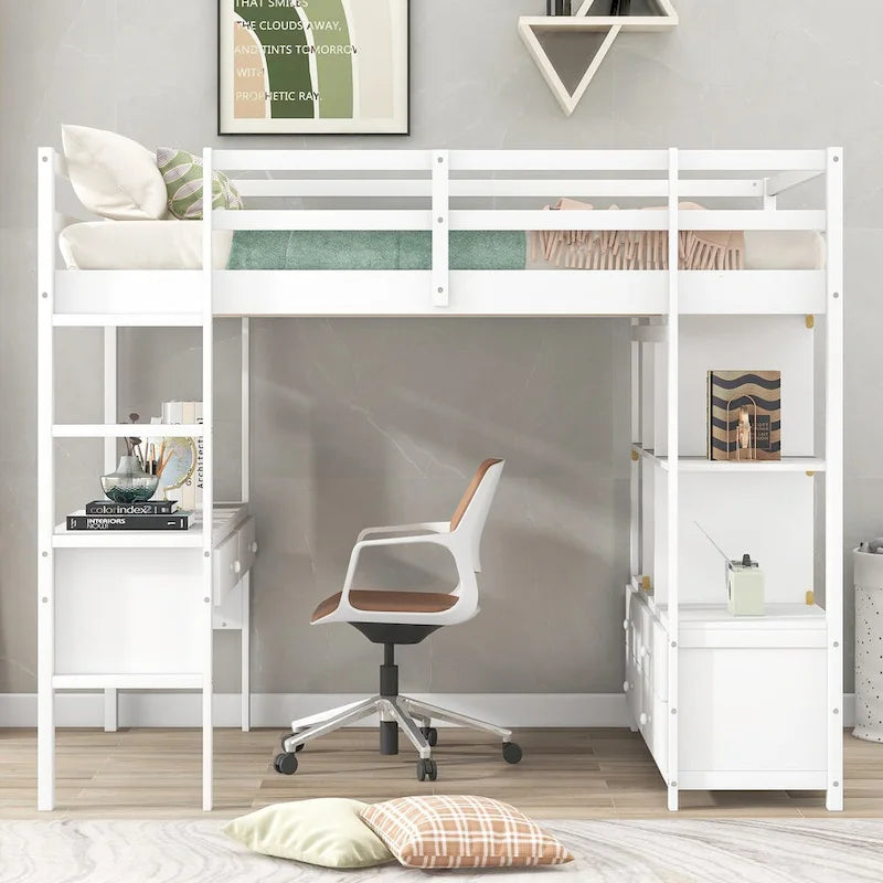 Lit mezzanine en pin avec bureau intégré, tiroirs, étagères et armoires de rangement