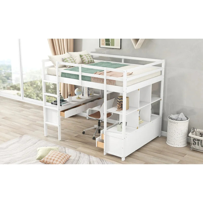 Lit mezzanine en pin avec bureau intégré, tiroirs, étagères et armoires de rangement