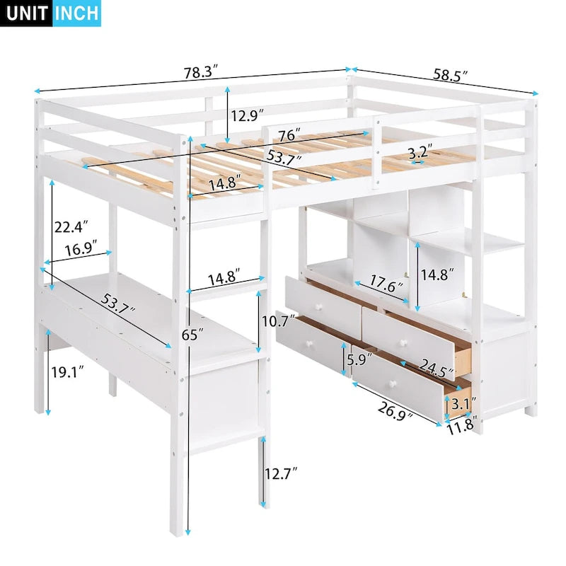 Lit mezzanine en pin avec bureau intégré, tiroirs, étagères et armoires de rangement
