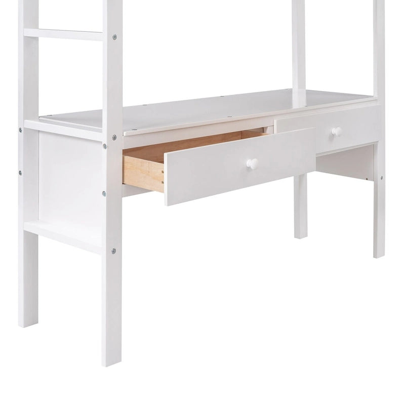 Lit mezzanine en pin avec bureau intégré, tiroirs, étagères et armoires de rangement