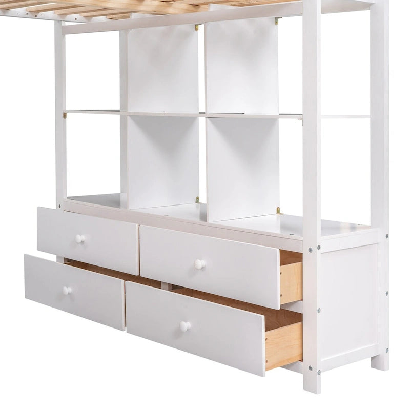 Lit mezzanine en pin avec bureau intégré, tiroirs, étagères et armoires de rangement