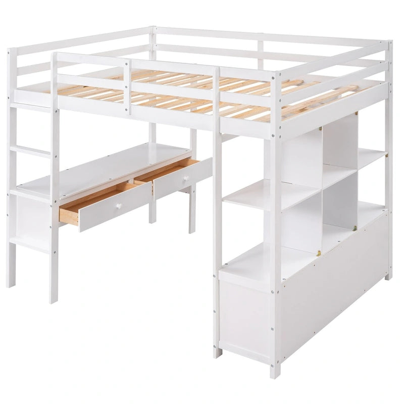 Lit mezzanine en pin avec bureau intégré, tiroirs, étagères et armoires de rangement