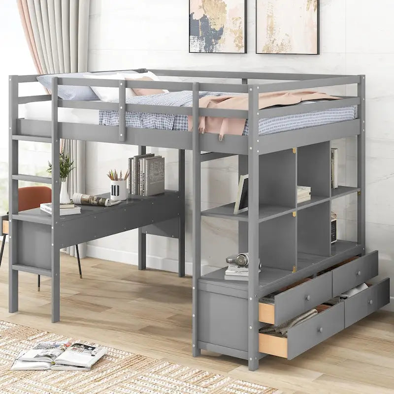 Lit mezzanine en pin avec bureau intégré, tiroirs, étagères et armoires de rangement