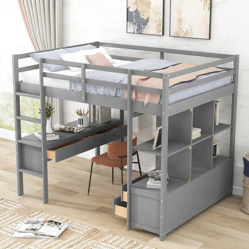 Lit mezzanine en pin avec bureau intégré, tiroirs, étagères et armoires de rangement