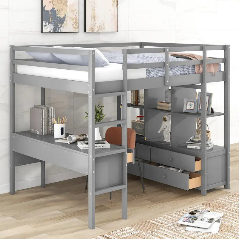 Lit mezzanine en pin avec bureau intégré, tiroirs, étagères et armoires de rangement