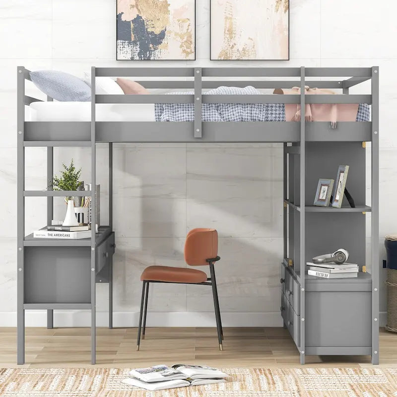 Lit mezzanine en pin avec bureau intégré, tiroirs, étagères et armoires de rangement