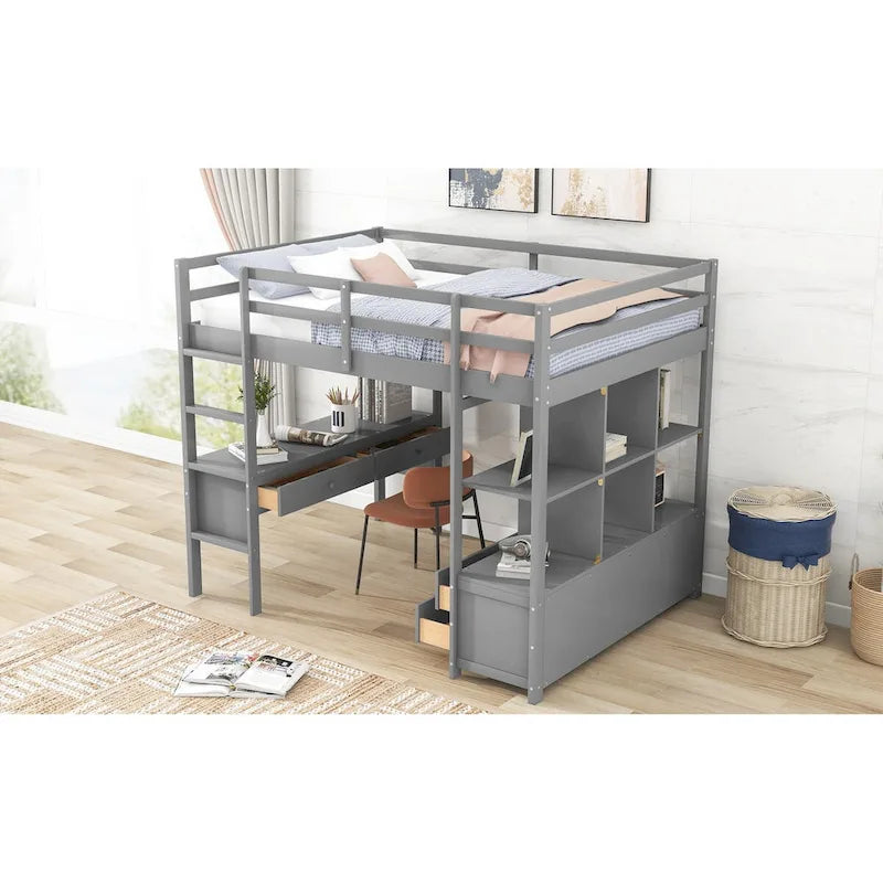 Lit mezzanine en pin avec bureau intégré, tiroirs, étagères et armoires de rangement