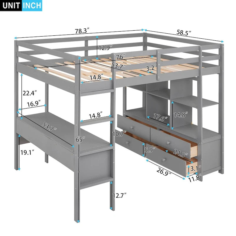Lit mezzanine en pin avec bureau intégré, tiroirs, étagères et armoires de rangement