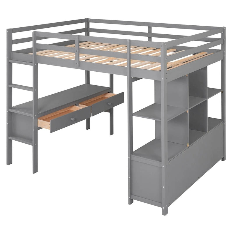 Lit mezzanine en pin avec bureau intégré, tiroirs, étagères et armoires de rangement