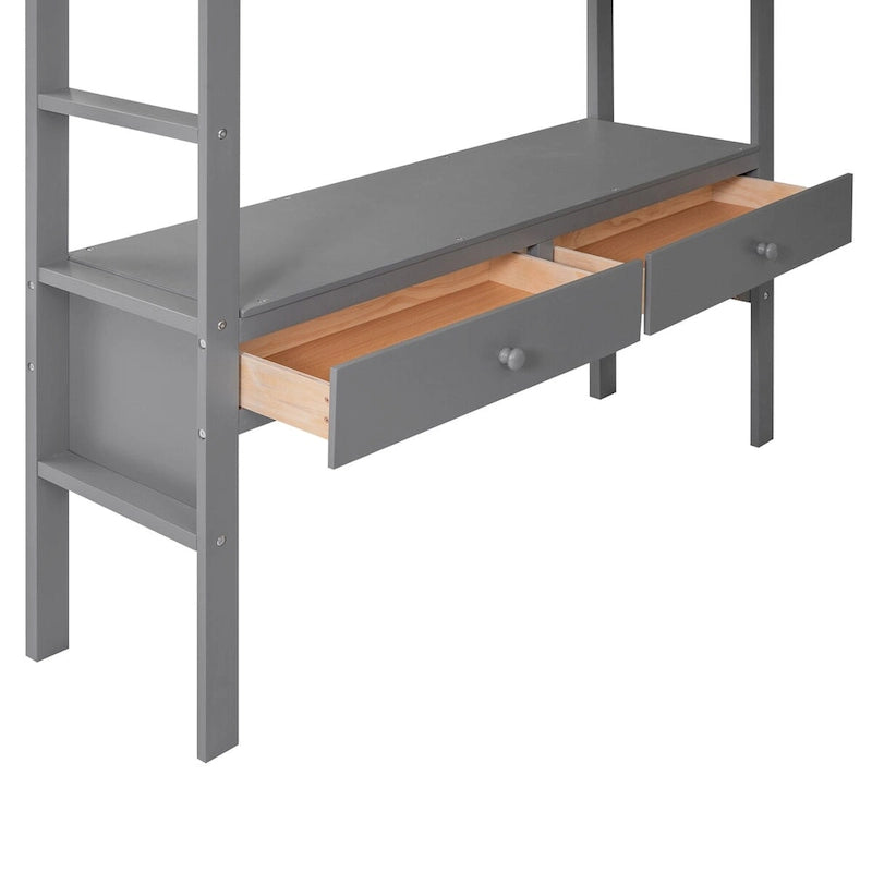Lit mezzanine en pin avec bureau intégré, tiroirs, étagères et armoires de rangement
