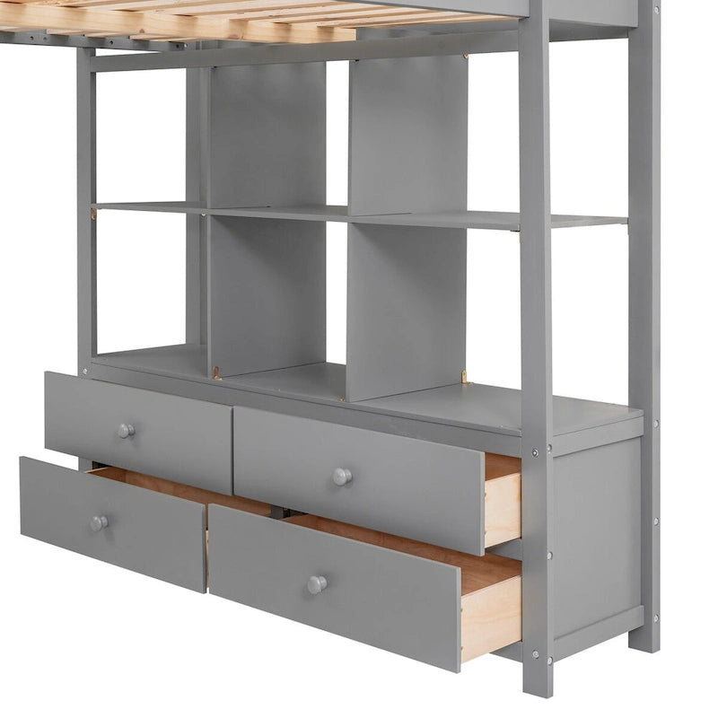 Lit mezzanine en pin avec bureau intégré, tiroirs, étagères et armoires de rangement