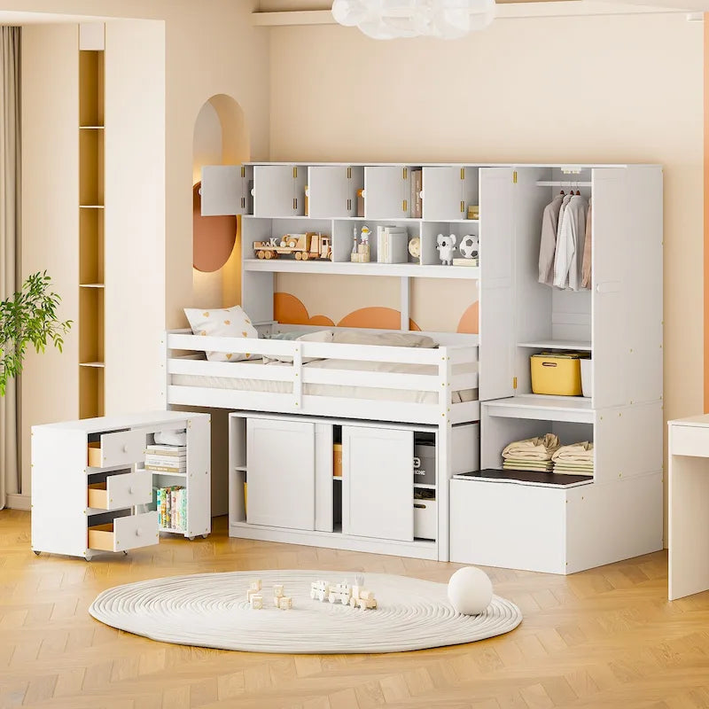 Lit mezzanine en bois, taille double, avec grand rangement et bureau sous le lit