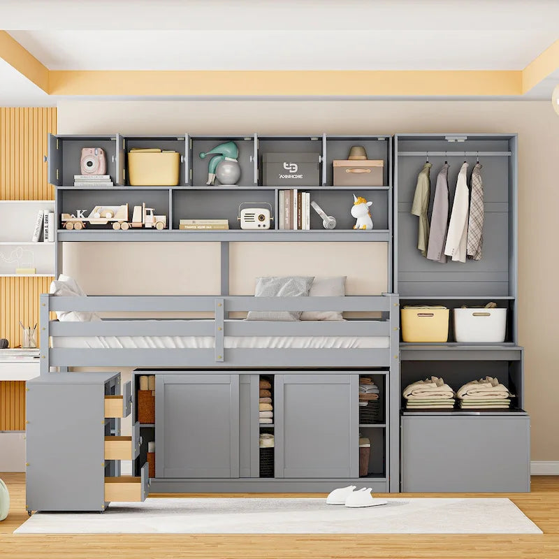 Nestfair Twin Size Wooden Loft Bed Big Storage with Under-bed Desk
