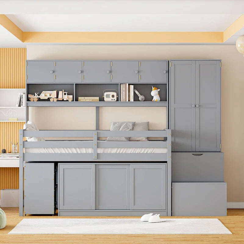 Lit mezzanine en bois, taille double, avec grand rangement et bureau sous le lit