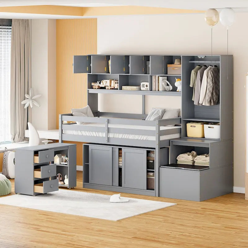 Lit mezzanine en bois, taille double, avec grand rangement et bureau sous le lit
