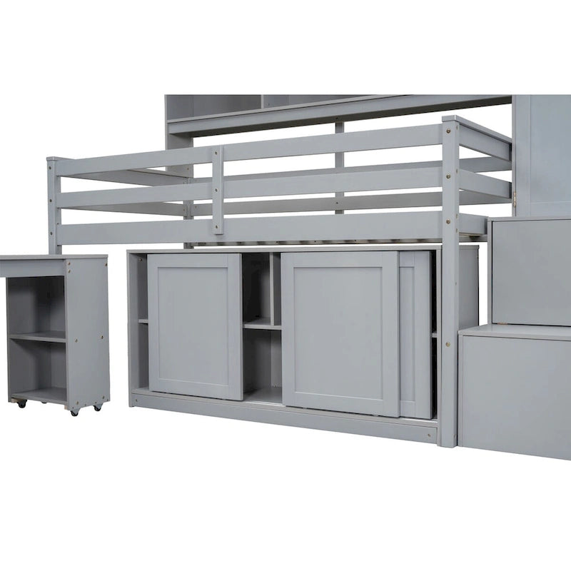 Lit mezzanine en bois, taille double, avec grand rangement et bureau sous le lit